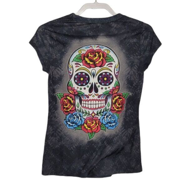 SUGAR SKULL Halloween floral short sleeve burnout‎ tee shirt M - Picture 2 of 6